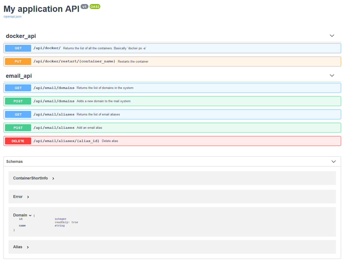 This image shows the open api / swagger user interface for the application. It contains a list of available routes, HTTP methods, description and allows you to call them from the front end.